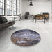 Round Mid-Century Modern Charcoal Blue Oriental Rug in a Office, urb2784