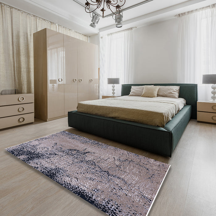 Mid-Century Modern Silver Pink Oriental Rug in a Bedroom, urb2787