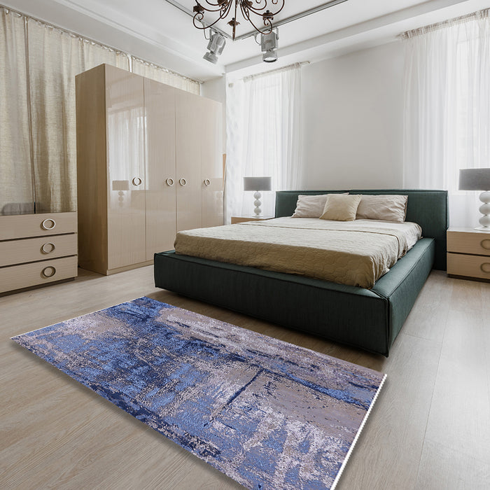 Mid-Century Modern Dark Slate Blue Purple Oriental Rug in a Bedroom, urb2793