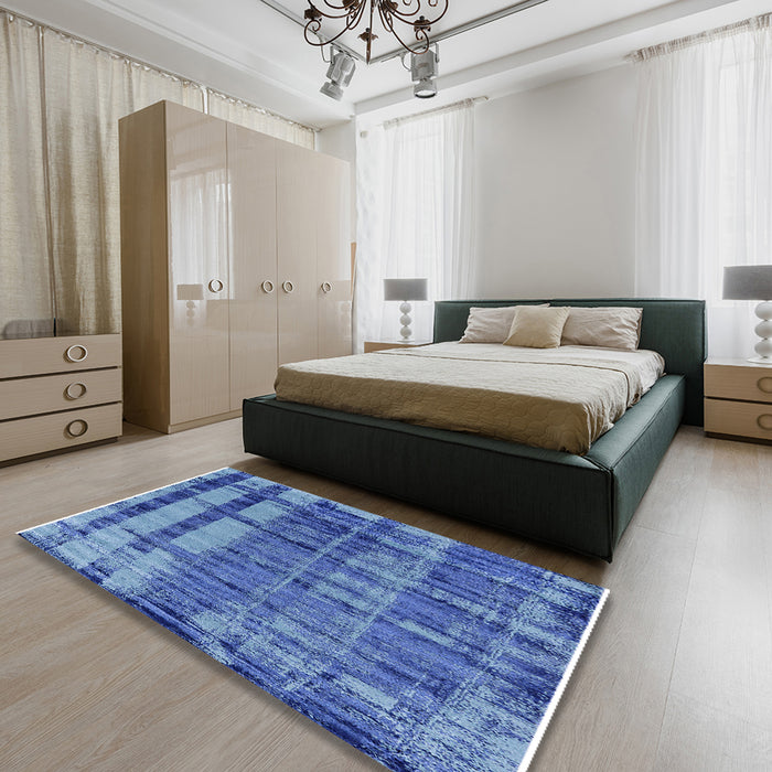 Mid-Century Modern Blue Oriental Rug in a Bedroom, urb2798