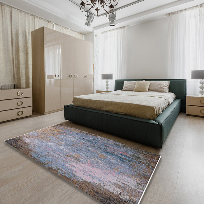 Mid-Century Modern Dark Gray Oriental Rug in a Bedroom, urb2800