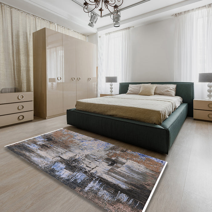 Mid-Century Modern Purple Oriental Rug in a Bedroom, urb2802