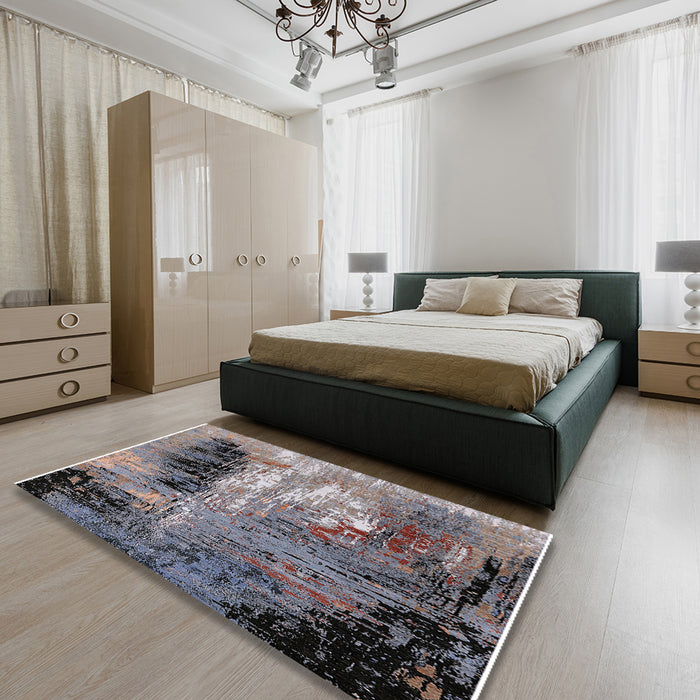 Mid-Century Modern Black Oriental Rug in a Bedroom, urb2803