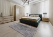 Mid-Century Modern Dark Gray Oriental Rug in a Bedroom, urb2806