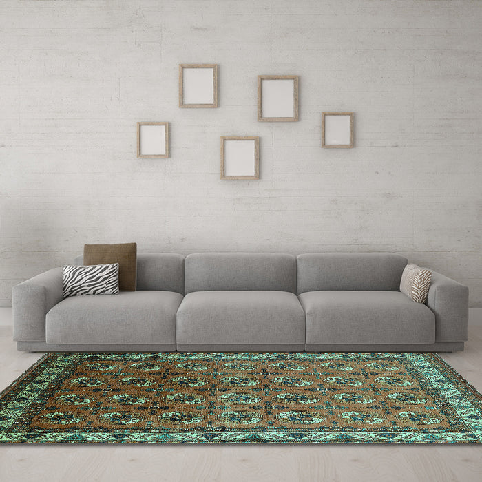 Machine Washable Oriental Turquoise Industrial Area Rugs in a Living Room,, wshurb2810turq