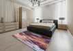 Mid-Century Modern Dark Raspberry Purple Oriental Rug in a Bedroom, urb2814