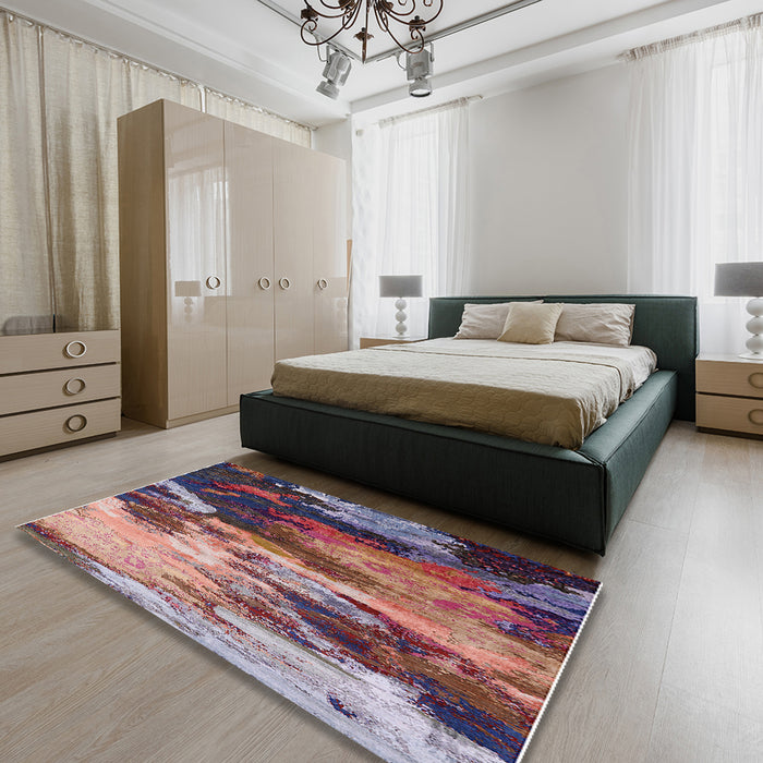 Mid-Century Modern Dark Raspberry Purple Oriental Rug in a Bedroom, urb2814