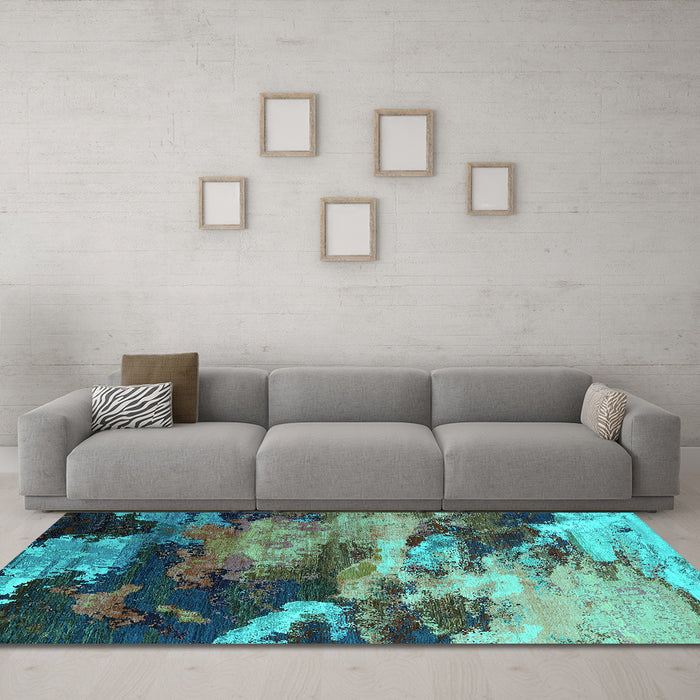 Machine Washable Oriental Turquoise Industrial Area Rugs in a Living Room,, wshurb2814turq