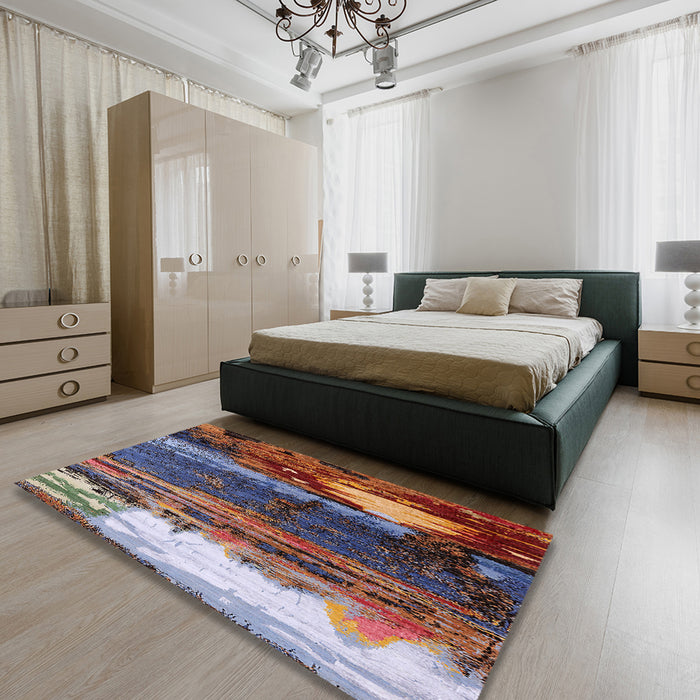 Mid-Century Modern Dark Gray Oriental Rug in a Bedroom, urb2816