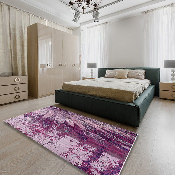 Mid-Century Modern Pastel Violet Purple Oriental Rug in a Bedroom, urb2818