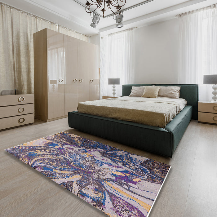 Mid-Century Modern Purple Oriental Rug in a Bedroom, urb2819