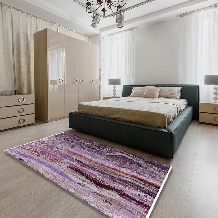Mid-Century Modern Pastel Violet Purple Oriental Rug in a Bedroom, urb2821
