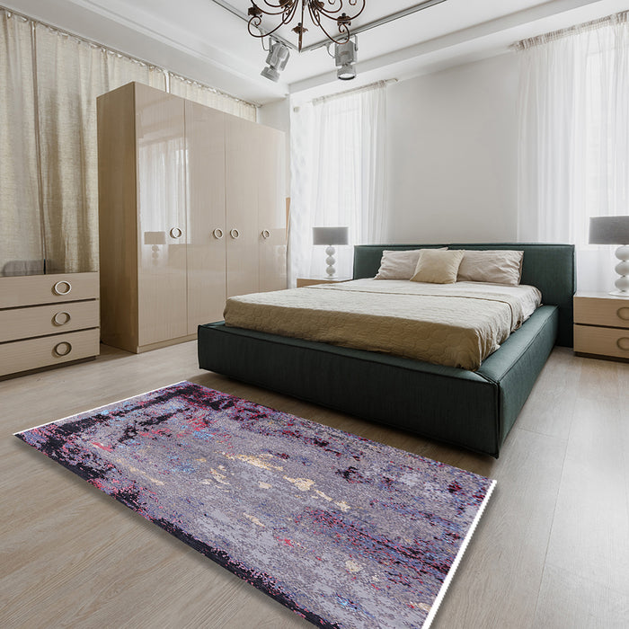 Mid-Century Modern Purple Oriental Rug in a Bedroom, urb2825