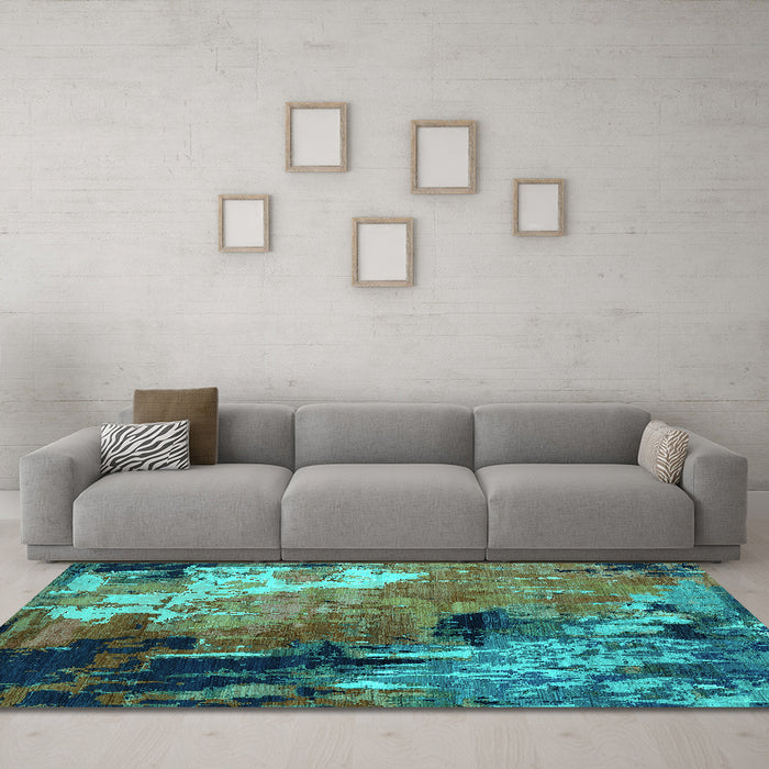 Machine Washable Oriental Turquoise Industrial Area Rugs in a Living Room,, wshurb2835turq
