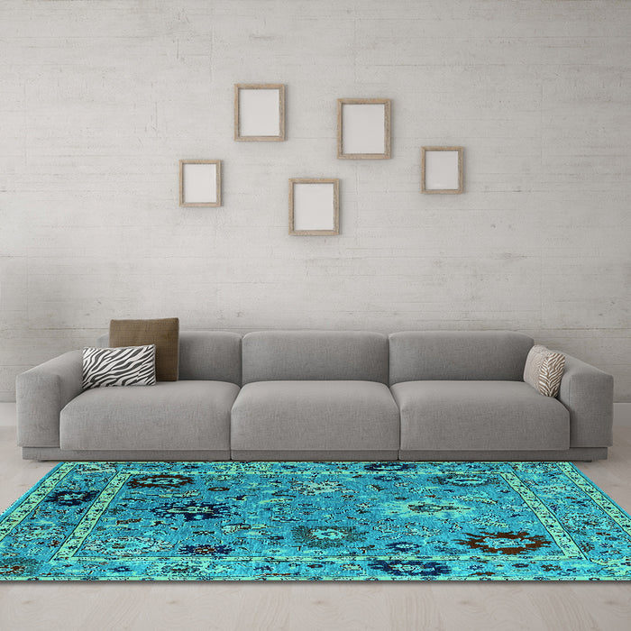 Machine Washable Oriental Turquoise Industrial Area Rugs in a Living Room,, wshurb2836turq