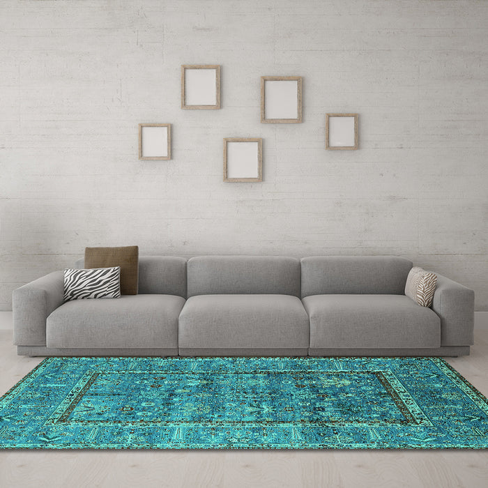 Machine Washable Oriental Turquoise Industrial Area Rugs in a Living Room,, wshurb2838turq