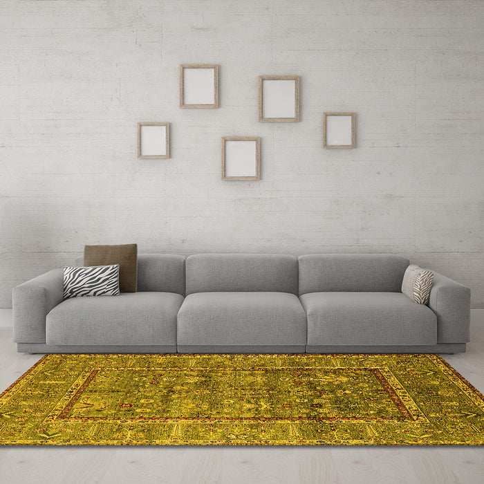 Machine Washable Oriental Yellow Industrial Rug in a Living Room, wshurb2838yw