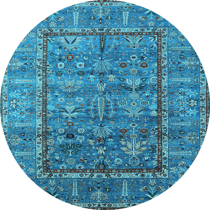 Round Machine Washable Oriental Light Blue Industrial Rug, wshurb2838lblu