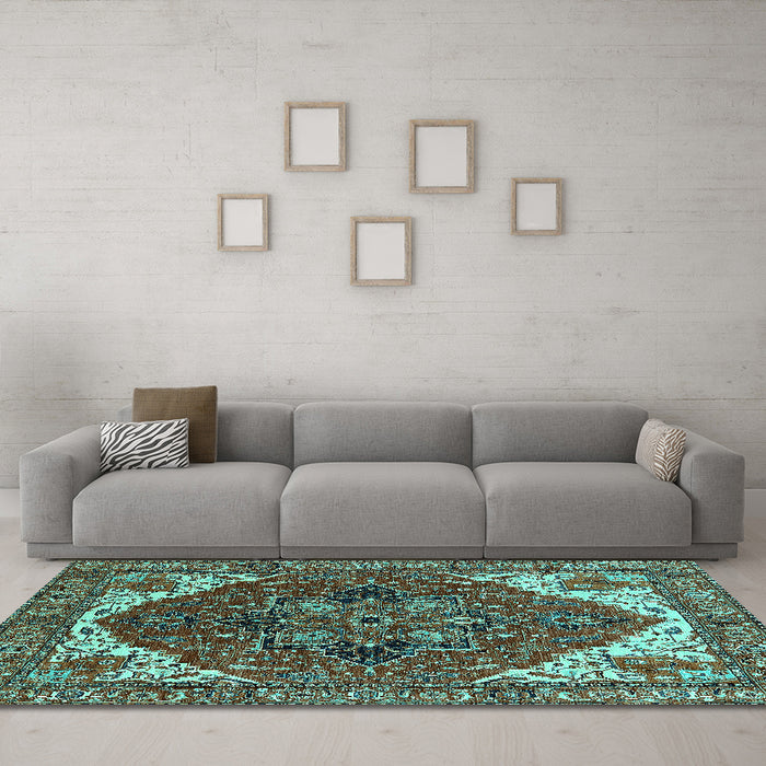 Machine Washable Persian Turquoise Traditional Area Rugs in a Living Room,, wshurb2839turq