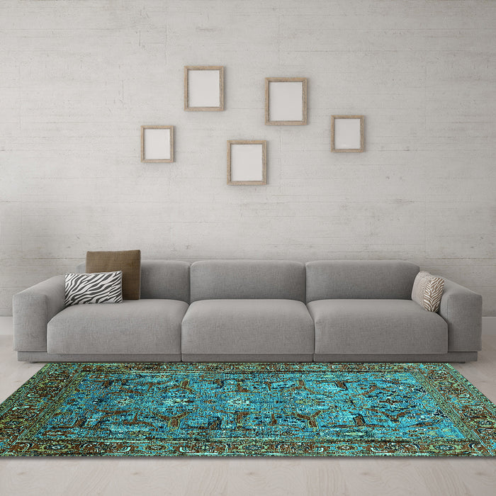 Machine Washable Oriental Turquoise Traditional Area Rugs in a Living Room,, wshurb2840turq
