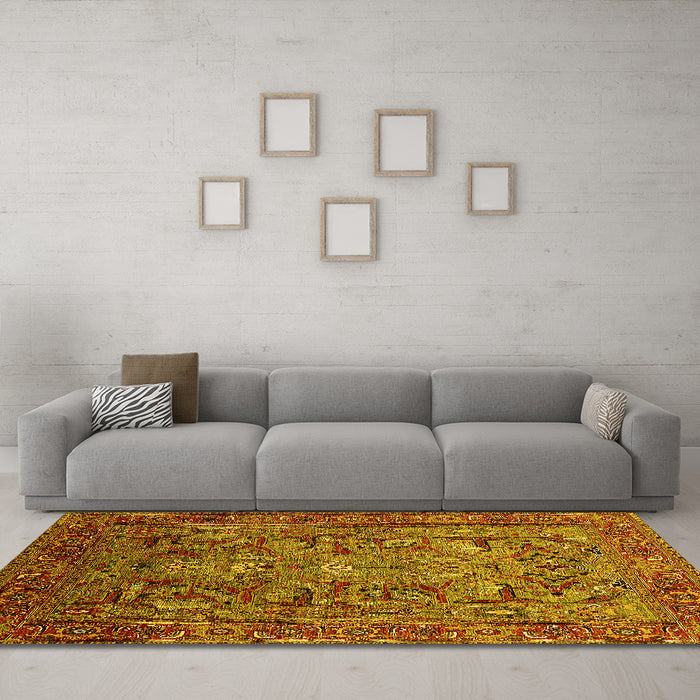 Machine Washable Oriental Yellow Traditional Rug in a Living Room, wshurb2840yw