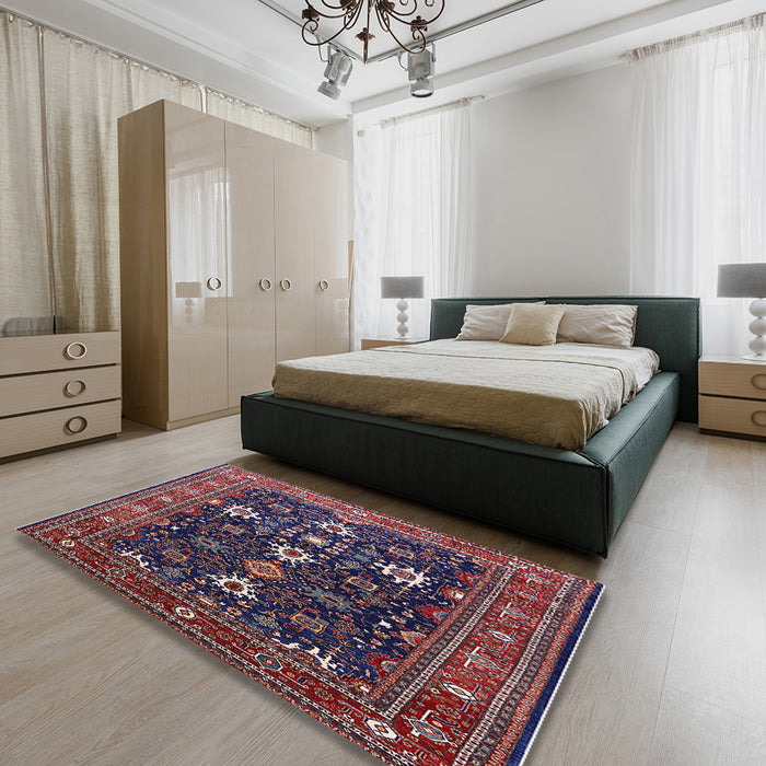 Mid-Century Modern Rose Purple Oriental Rug in a Bedroom, urb2841