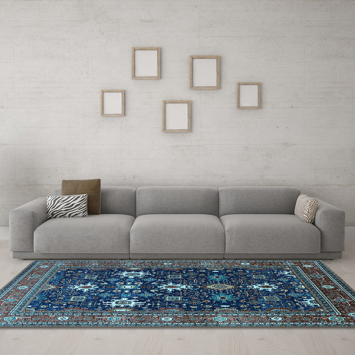 Machine Washable Oriental Light Blue Traditional Rug in a Living Room, wshurb2841lblu