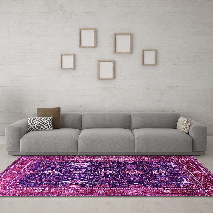 Machine Washable Oriental Pink Traditional Rug in a Living Room, wshurb2841pnk