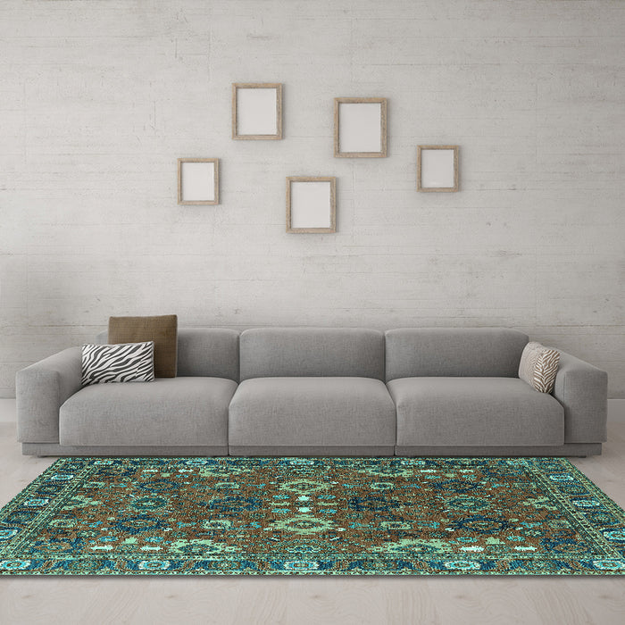 Machine Washable Oriental Turquoise Industrial Area Rugs in a Living Room,, wshurb2842turq