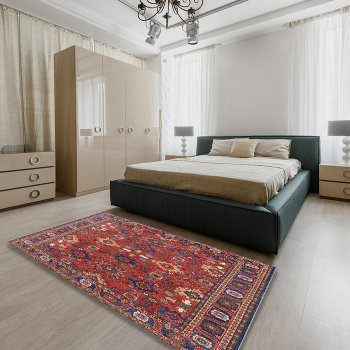 Machine Washable Industrial Modern Dark Almond Brown Rug in a Bedroom, wshurb2842