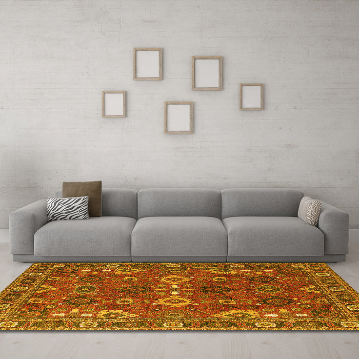 Machine Washable Oriental Yellow Industrial Rug in a Living Room, wshurb2842yw