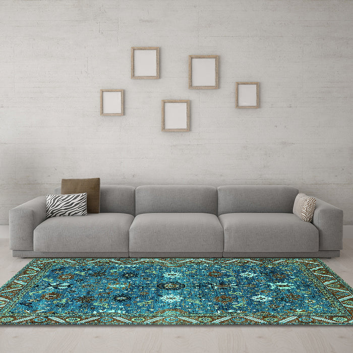 Machine Washable Oriental Turquoise Traditional Area Rugs in a Living Room,, wshurb2843turq