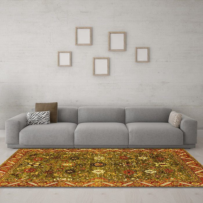Machine Washable Oriental Yellow Traditional Rug in a Living Room, wshurb2843yw