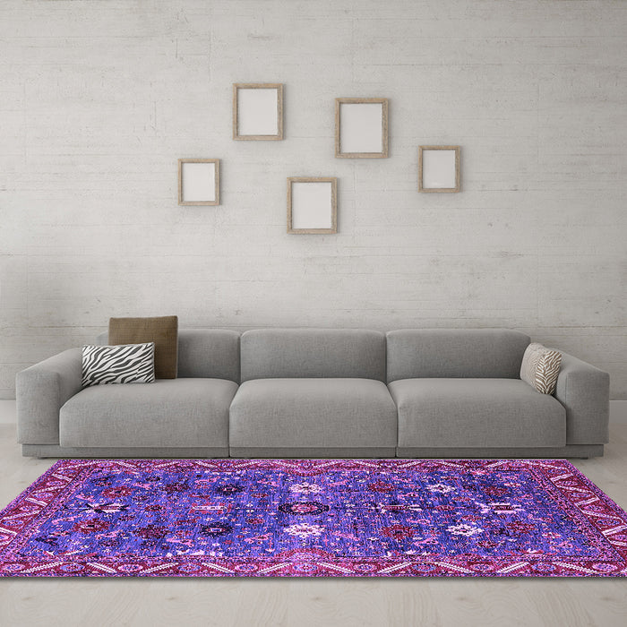 Machine Washable Oriental Purple Traditional Area Rugs in a Living Room, wshurb2843pur