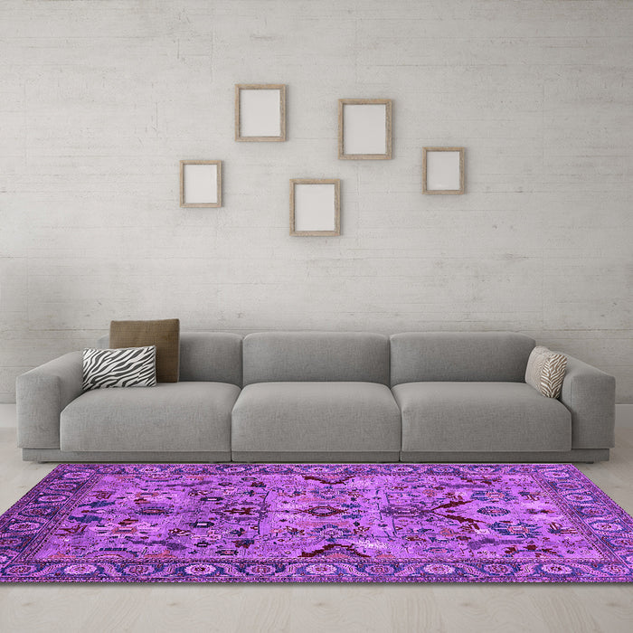Machine Washable Oriental Purple Traditional Area Rugs in a Living Room, wshurb2844pur