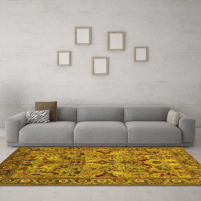 Machine Washable Oriental Yellow Traditional Rug in a Living Room, wshurb2844yw