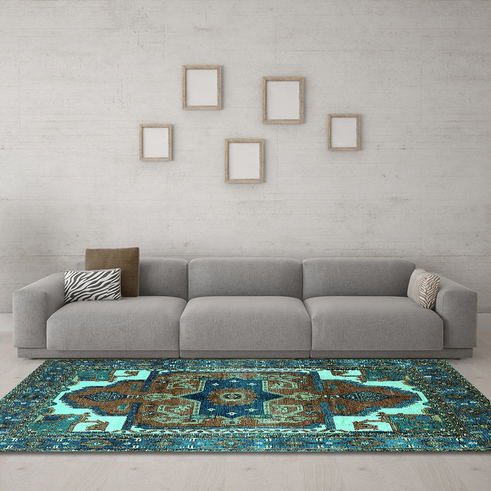 Machine Washable Persian Turquoise Traditional Area Rugs in a Living Room,, wshurb2845turq