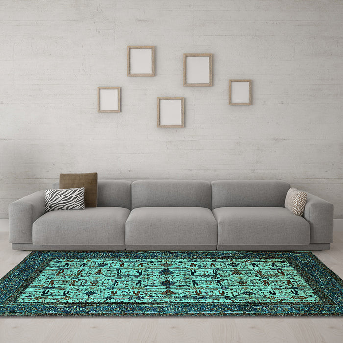 Machine Washable Oriental Turquoise Industrial Area Rugs in a Living Room,, wshurb2846turq