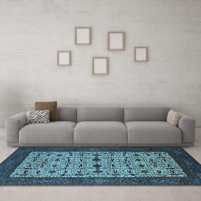 Machine Washable Oriental Light Blue Industrial Rug in a Living Room, wshurb2846lblu