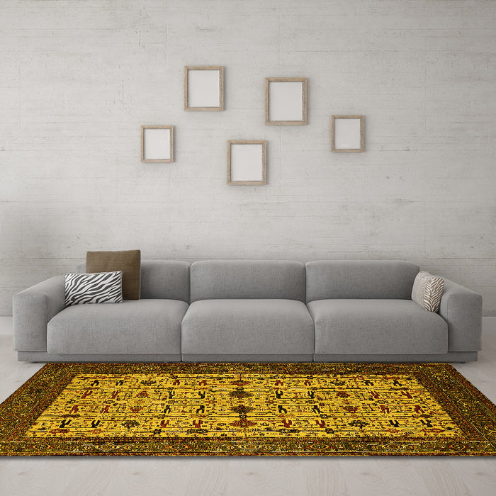 Machine Washable Oriental Yellow Industrial Rug in a Living Room, wshurb2846yw
