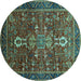 Round Machine Washable Oriental Turquoise Industrial Area Rugs, wshurb2847turq