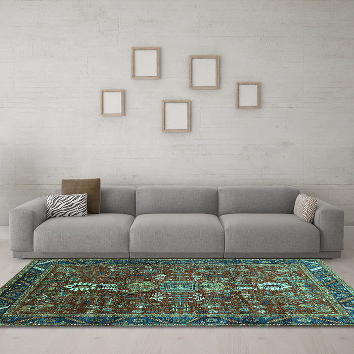 Machine Washable Oriental Turquoise Industrial Area Rugs in a Living Room,, wshurb2847turq
