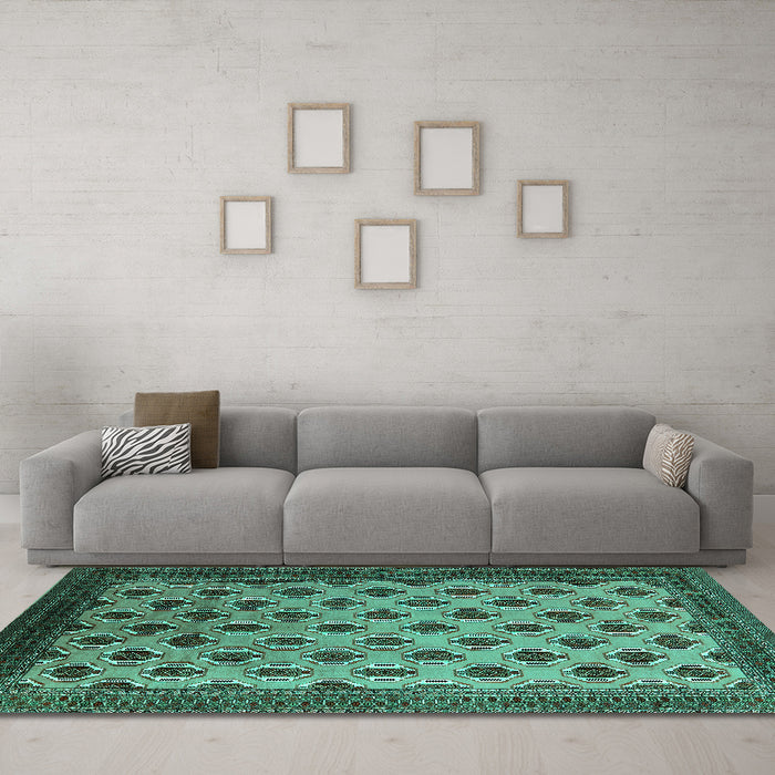 Machine Washable Oriental Turquoise Industrial Area Rugs in a Living Room,, wshurb2848turq