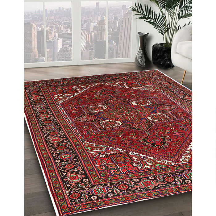 Mid-Century Modern Cranberry Red Persian Rug in Family Room, urb2849