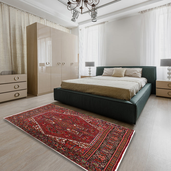 Mid-Century Modern Cranberry Red Persian Rug in a Bedroom, urb2849