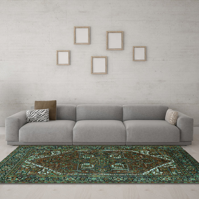 Machine Washable Persian Turquoise Traditional Area Rugs in a Living Room,, wshurb2849turq