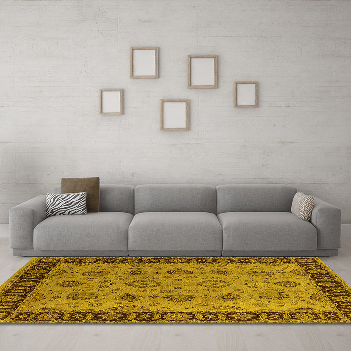 Machine Washable Oriental Yellow Traditional Rug in a Living Room, wshurb2851yw