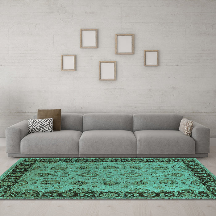 Machine Washable Oriental Turquoise Traditional Area Rugs in a Living Room,, wshurb2851turq
