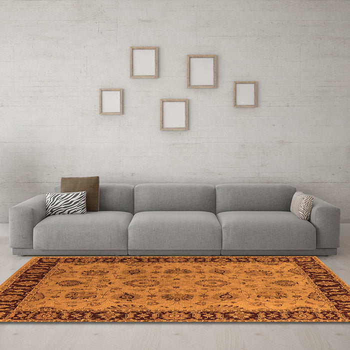 Machine Washable Oriental Orange Traditional Area Rugs in a Living Room, wshurb2851org
