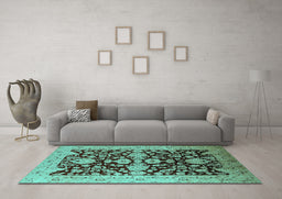 Machine Washable Oriental Turquoise Traditional Area Rugs in a Living Room,, wshurb2854turq